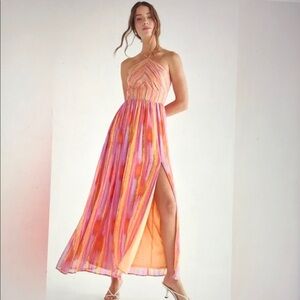 Francesca’s & Audrey Parks Kayla Halter Striped Slit Maxi Dress Size L